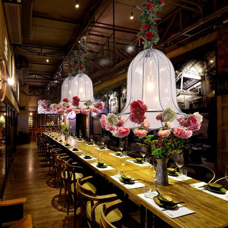 Bell Metallic Hanging Light Kit Warehouse 1 Bulb Restaurant Pendant Lamp with Artificial Flower Deco