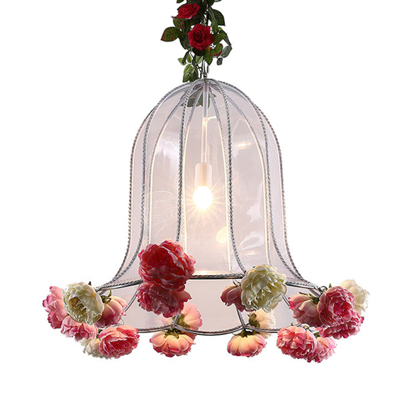 Bell Metallic Hanging Light Kit Warehouse 1 Bulb Restaurant Pendant Pendante avec déco de fleur artificielle