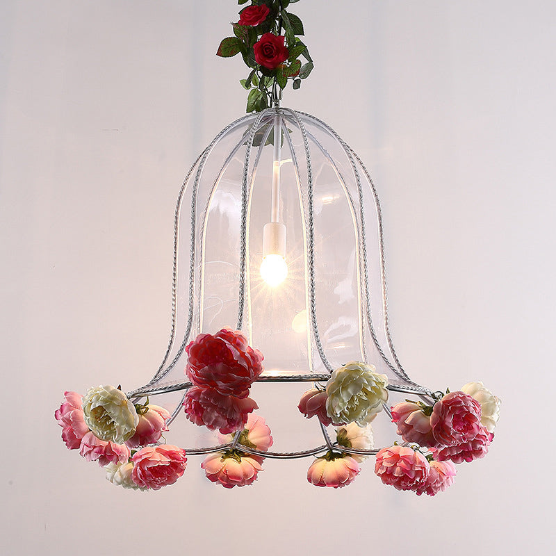 Bell Metallic Hanging Light Kit Warehouse 1 Bulb Restaurant Pendant Lamp with Artificial Flower Deco