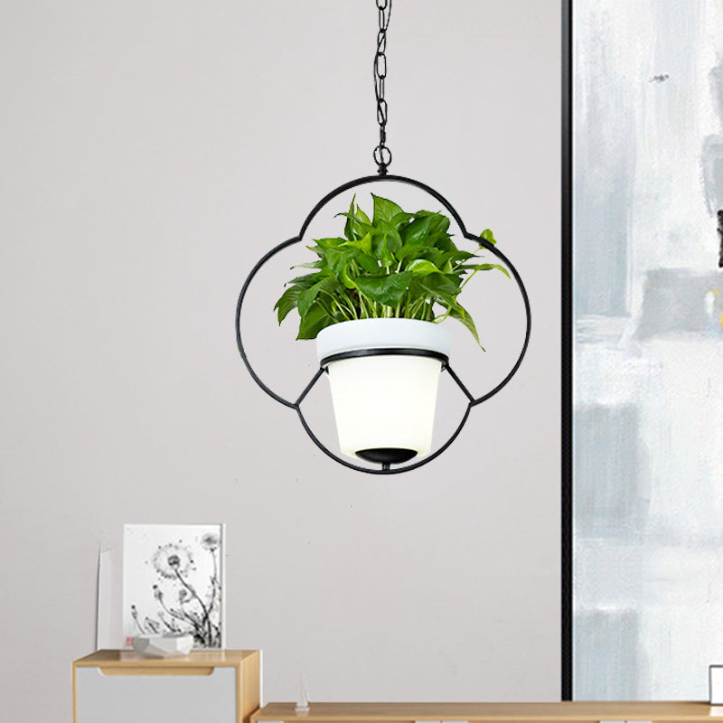 Metal Black Hanging Pendant Light Round/Flower Frame 1 Bulb Farmhouse Ceiling Lamp with Bucket Planter