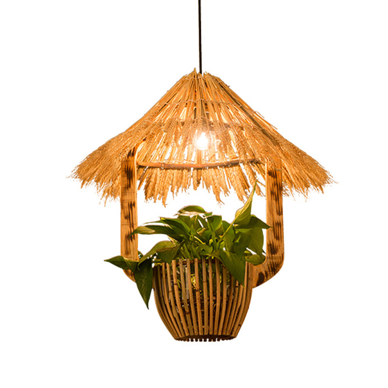 1 Head Rattan Pendant Lighting Industrial Brown Hut Plant Pot Restaurant Pendulum Light