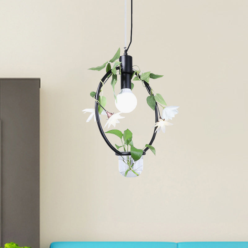 1 Light Pendant Lamp Farmhouse Triangle/Round/Square Frame Metal Hanging Ceiling Light in Black/Gold with Plant Pot and Fake Flower Vine