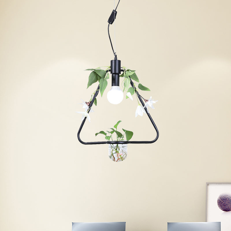 1 Ferme de lampe de pendentif légère Triangle / cadre rond / carré métal metal plafonnier plafonnier en noir / or avec casserole et fausse vigne fleur