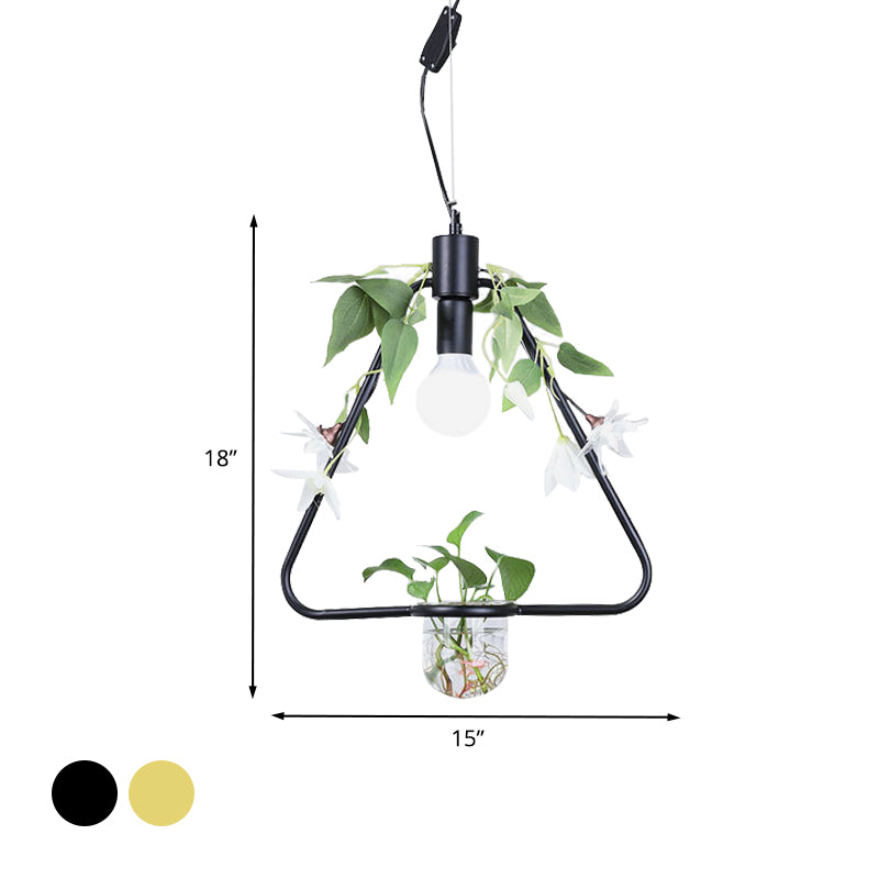 1 Light Pendant Lamp Farmhouse Triangle/Round/Square Frame Metal Hanging Ceiling Light in Black/Gold with Plant Pot and Fake Flower Vine