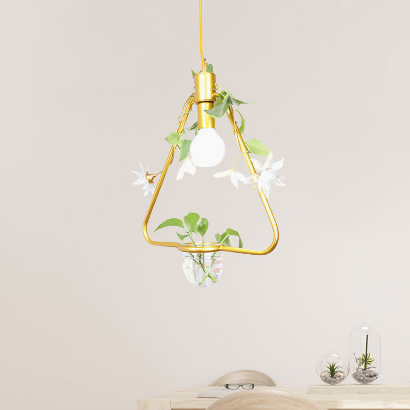 1 Ferme de lampe de pendentif légère Triangle / cadre rond / carré métal metal plafonnier plafonnier en noir / or avec casserole et fausse vigne fleur