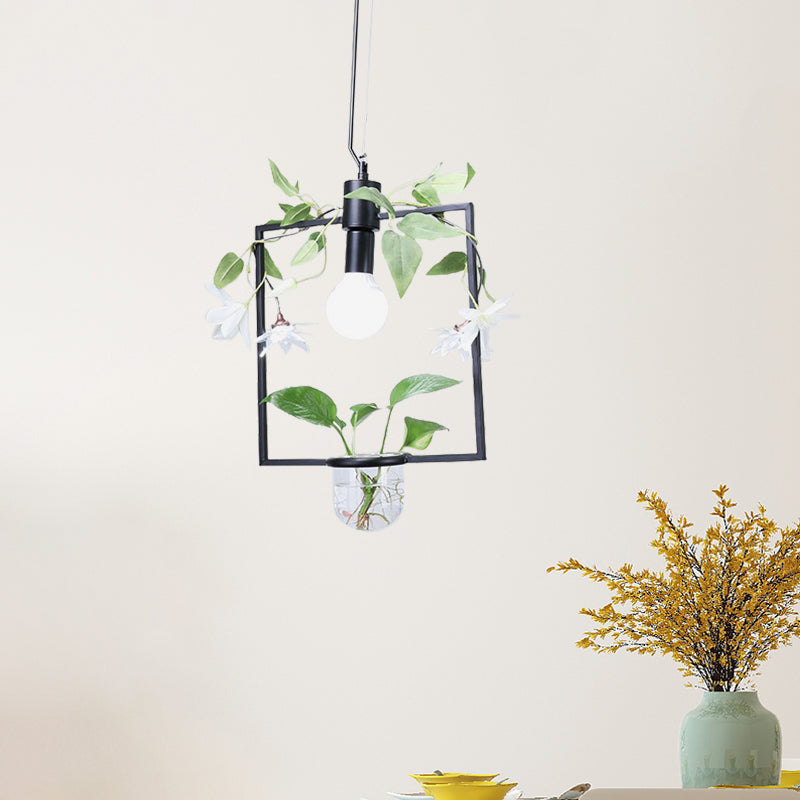 1 Light Pendant Lamp Farmhouse Triangle/Round/Square Frame Metal Hanging Ceiling Light in Black/Gold with Plant Pot and Fake Flower Vine