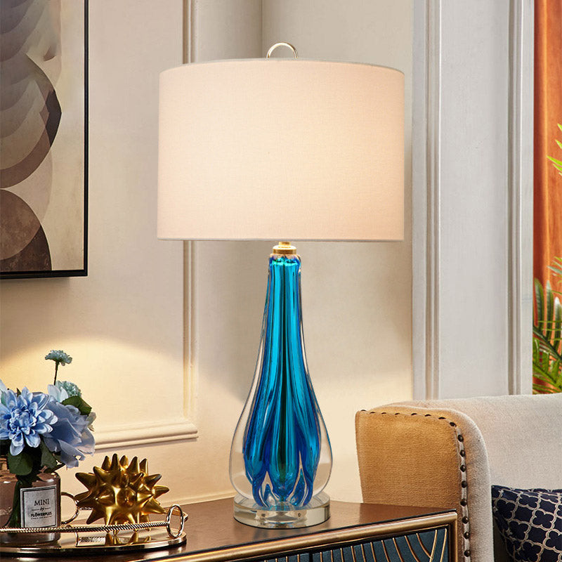 Fabric White Table Lamp Cylinder 1-Light Traditional Night Light with Blue/Gold Vase Base