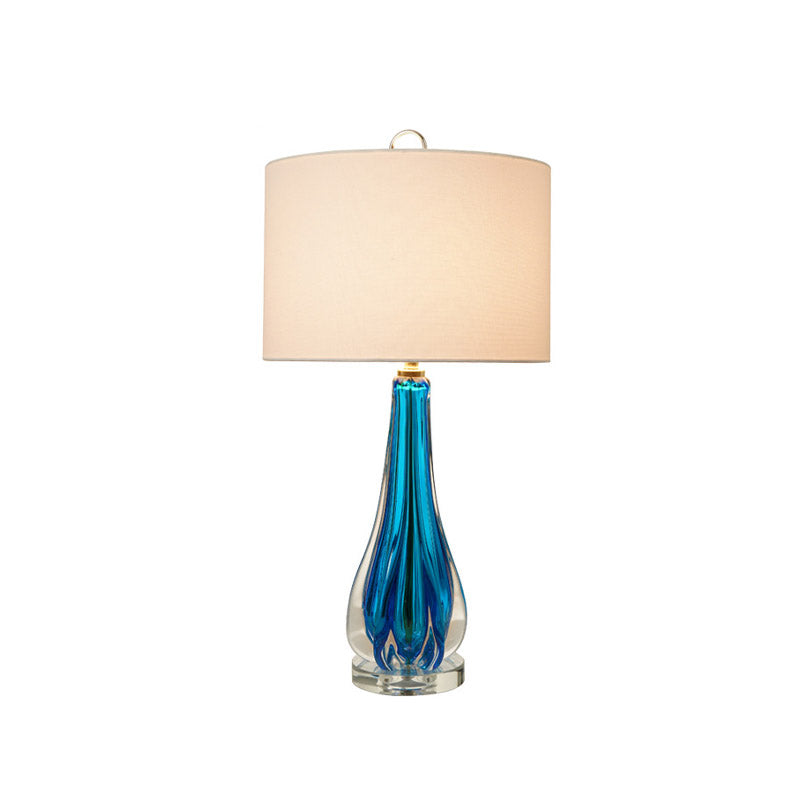 Fabric White Table Lamp Cylinder 1-Light Traditional Night Light with Blue/Gold Vase Base