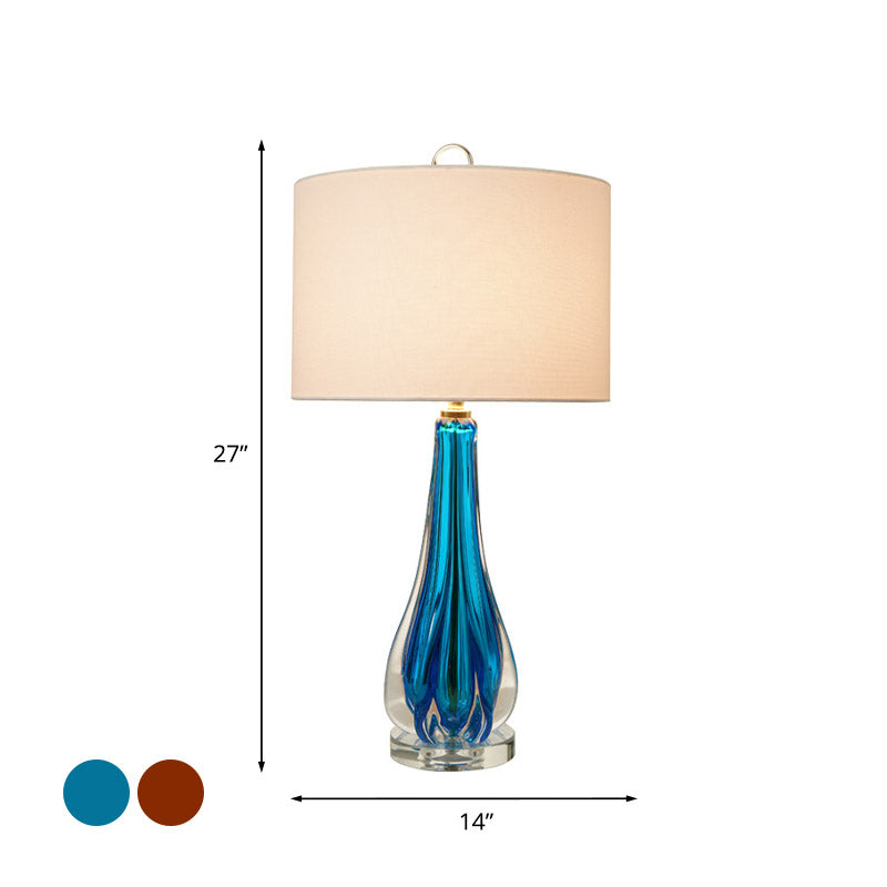 Fabric White Table Lamp Cylinder 1-Light Traditional Night Light with Blue/Gold Vase Base