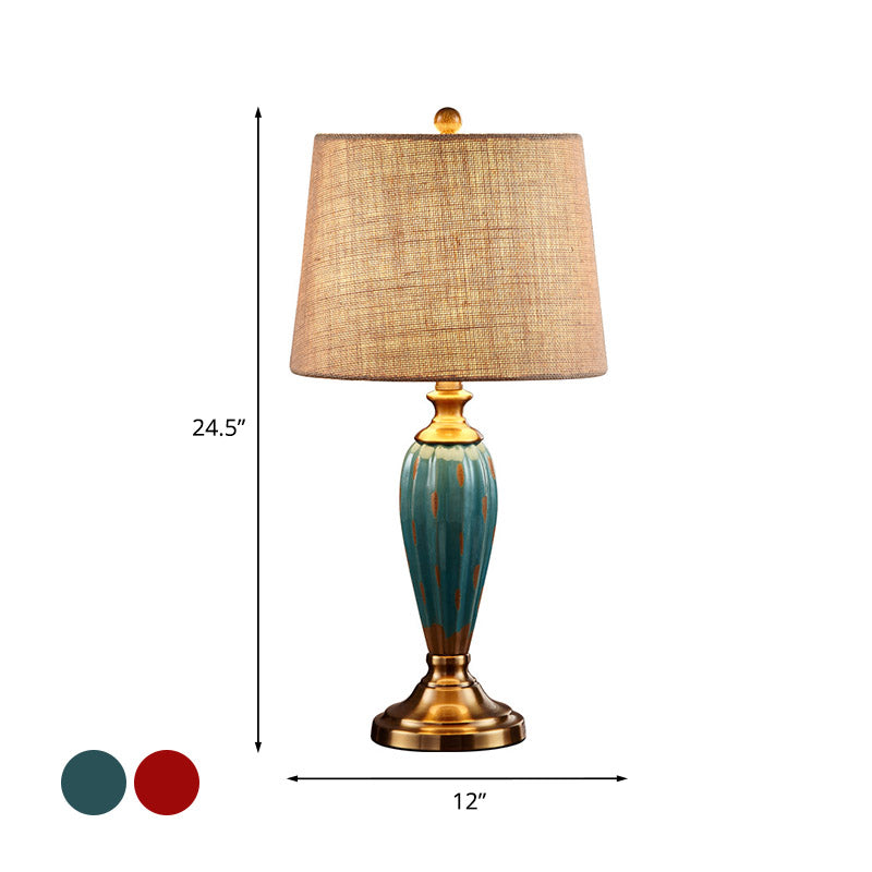 1 Bulb Ceramic Nightstand Lamp Country Red/Blue Urn-Shaped Bedroom Table Lighting with Drum Fabric Shade