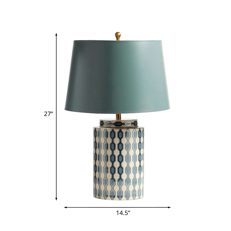 Fabric Tapered Drum Nightstand Lamp Country 1-Bulb Living Room Table Lighting in Green with Cylinder Base