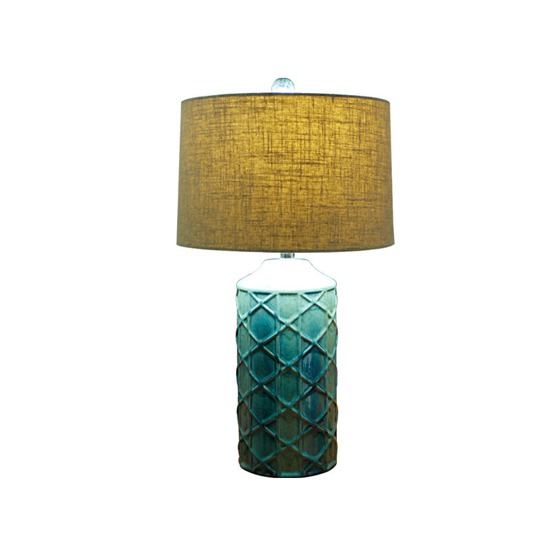 Ceramic Blue Night Light Lattice Cylinder 1 Light Rustic Nightstand Lighting with Round Fabric Shade