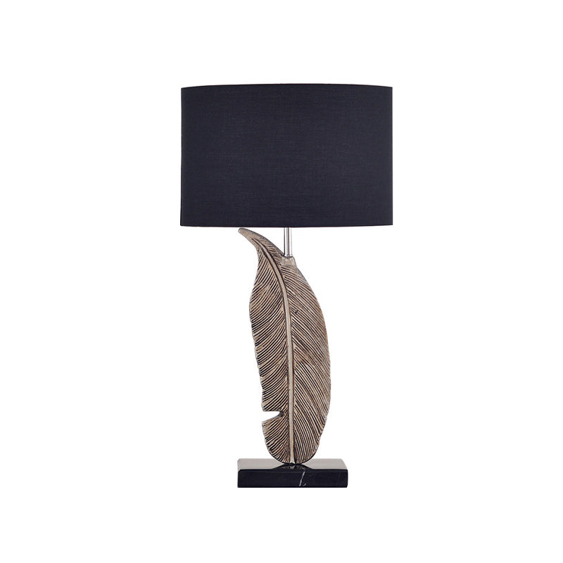 1-Bulb Night Table Lighting Classic Drum Shade Fabric Nightstand Lamp in Black with Feather Base