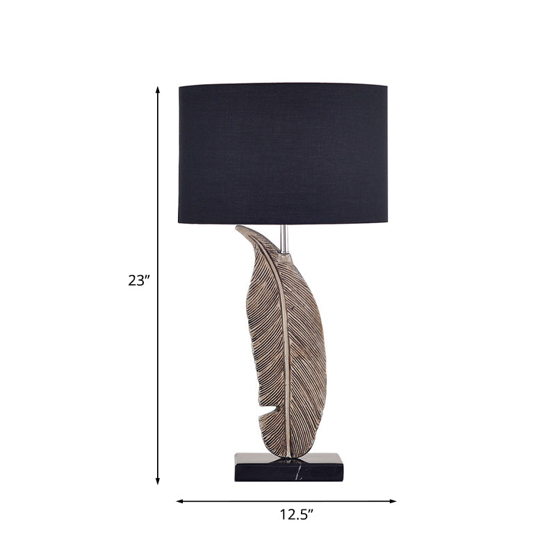 1-Bulb Night Table Lighting Classic Drum Shade Fabric Nightstand Lamp in Black with Feather Base