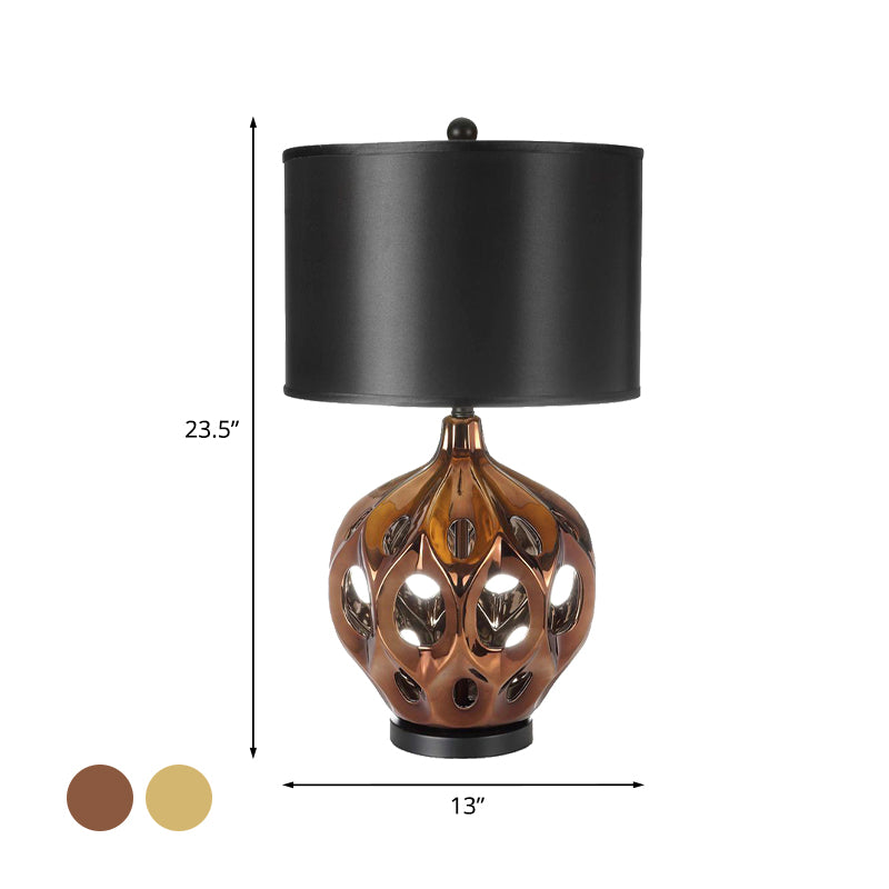 Ceramic Hollowed Out Jar Nightstand Lamp Retro 1-Bulb Bedroom Table Lighting in Gold/Rose Gold with Black Drum Shade