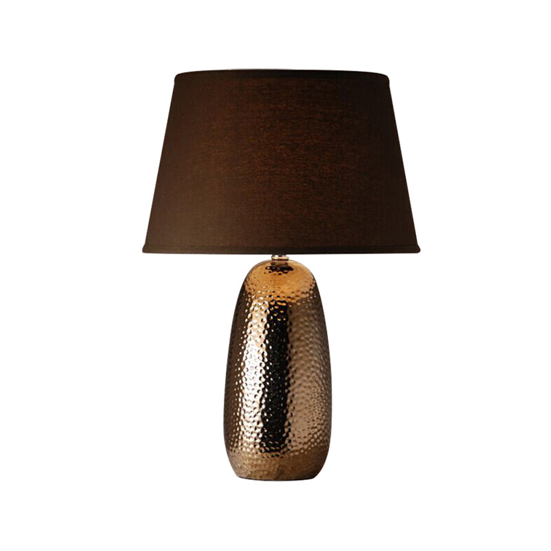 1 Light Table Lighting Rural Bedroom Hammered Ovoid Nightstand Lamp with Conical Fabric Shade in Brown