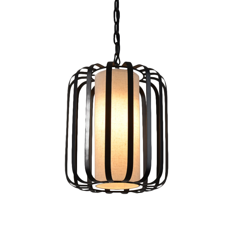 Black 1-Bulb Dropsant Cilindro Sospensione in stile retrò Light con gabbia a filo per sala da pranzo