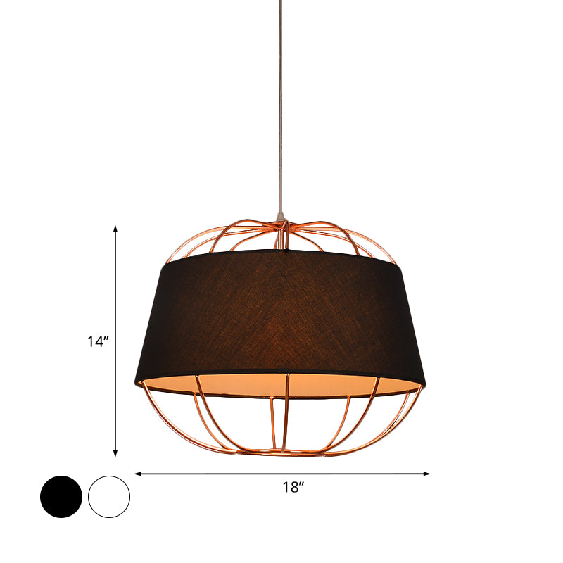 1 Glühbirnenanhänger Light Kit Country Tapered Drum Stoff Hanging Lampe in Weiß/Schwarz mit Drahtkäfig