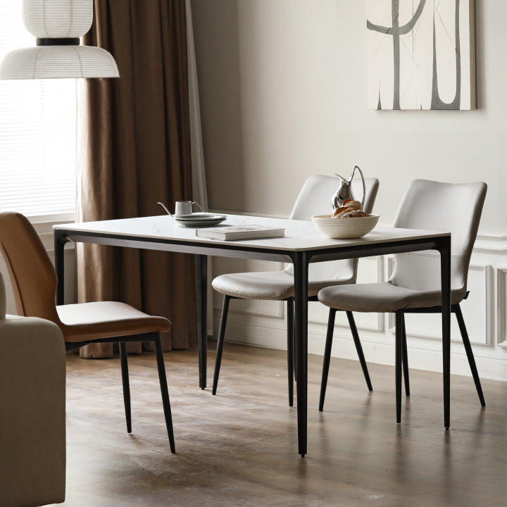 Modern White Rectangular Stone Top Dining Table with 4 Metal Black Legs