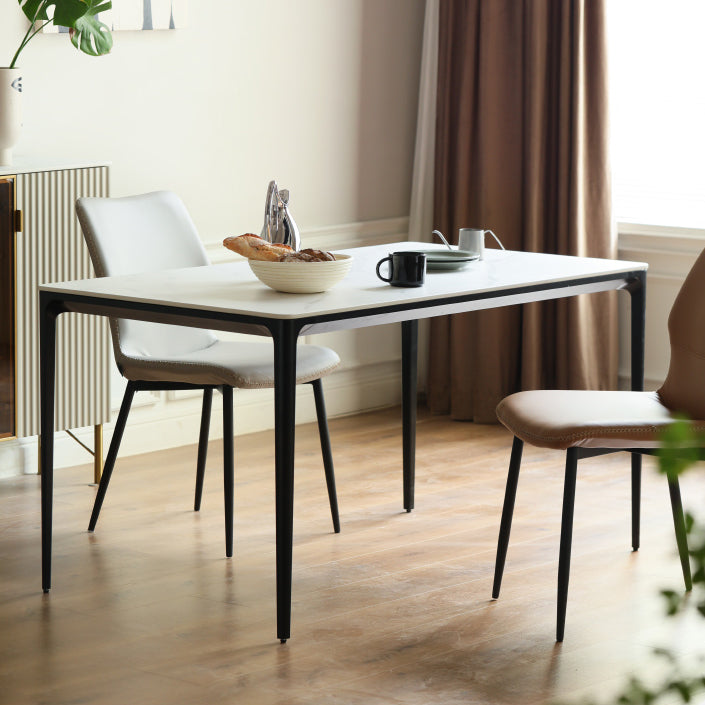 Modern White Rectangular Stone Top Dining Table with 4 Metal Black Legs