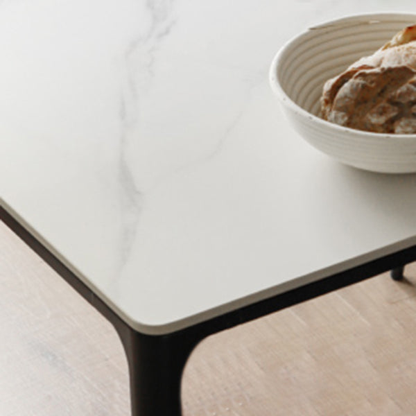 Modern White Rectangular Stone Top Dining Table with 4 Metal Black Legs