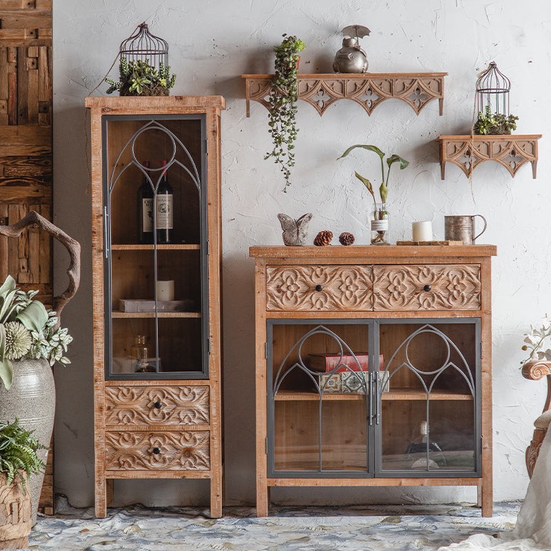 Traditional Display Stand Solid Wood Glass Doors Storage Cabinet for Dining Room