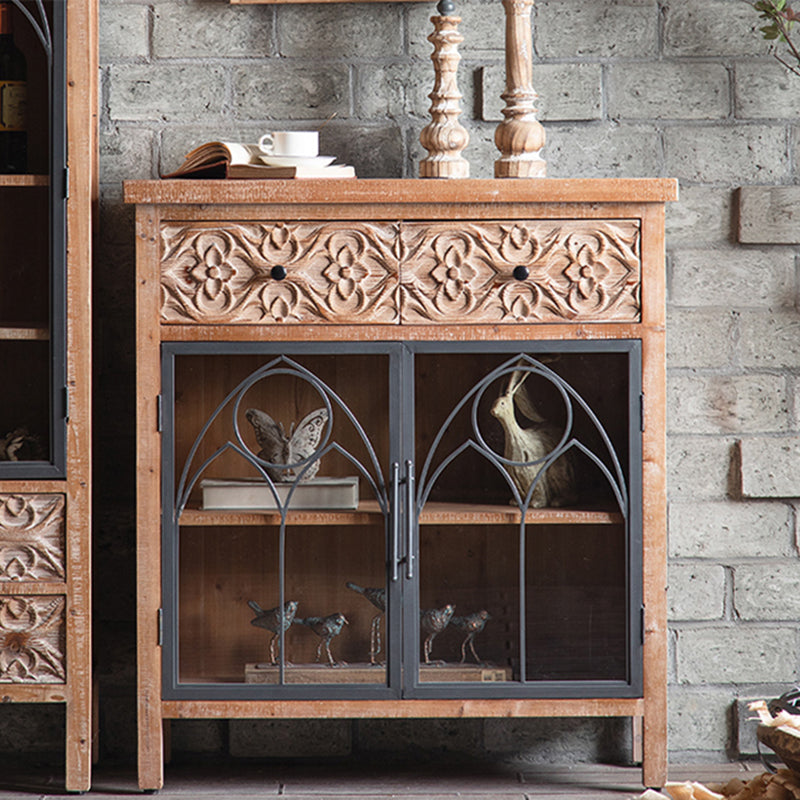 Traditional Display Stand Solid Wood Glass Doors Storage Cabinet for Dining Room