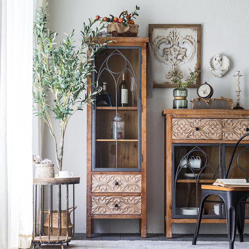 Traditional Display Stand Solid Wood Glass Doors Storage Cabinet for Dining Room