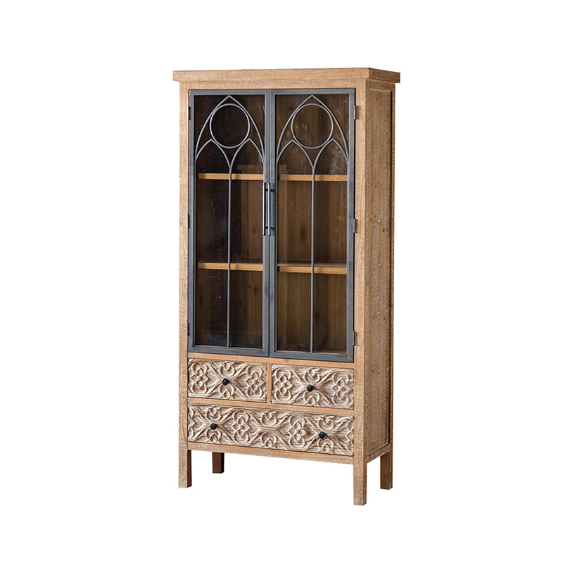 Wooden Traditional  Curio Cabinet Glass Doors Display Stand with Drawers