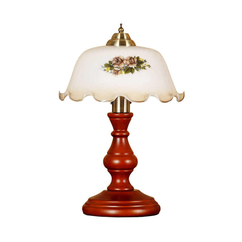 Red Brown Baluster Night Light Countryside Wood 1 Head Lounge Table Lamp with Bowled Opal Glass Lampshade