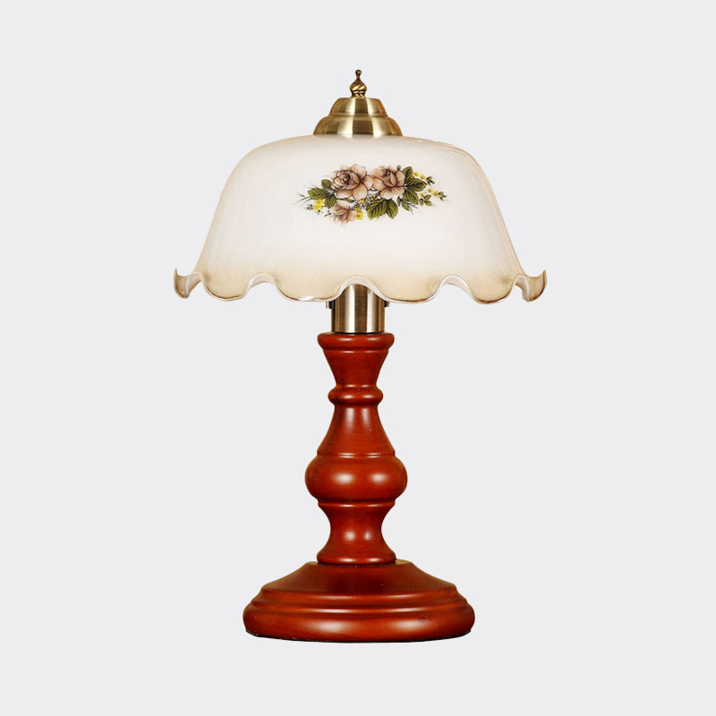 Red Brown Baluster Night Light Countryside Wood 1 Head Lounge Table Lamp with Bowled Opal Glass Lampshade