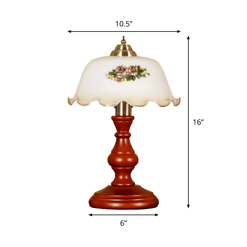 Red Brown Baluster Night Light Countryside Wood 1 Head Lounge Table Lamp with Bowled Opal Glass Lampshade