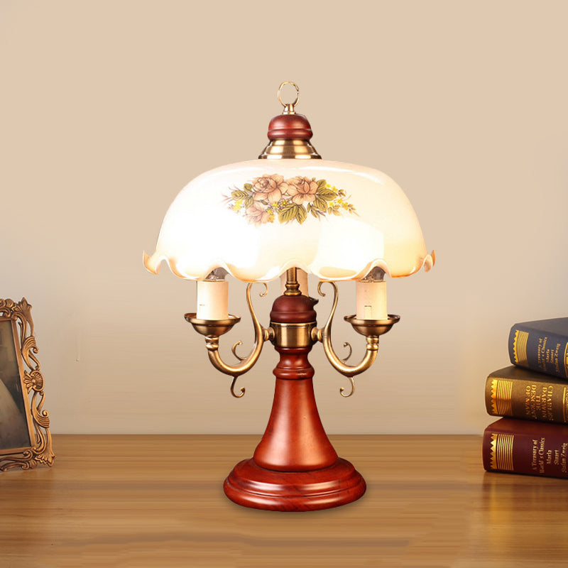 Candlestick Wooden Table Lamp American Flower 2 Bulbs Bedroom Night Stand Light in Red Brown with Wide Bowl Glass Shade