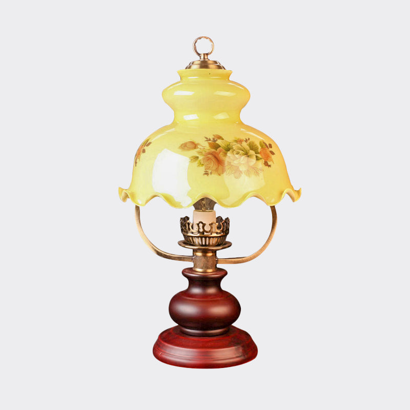 Pastoral Ruffle-Brim Gourd Night Lamp 1 Light Yellow Patterned Glass Table Lighting in Red Brown