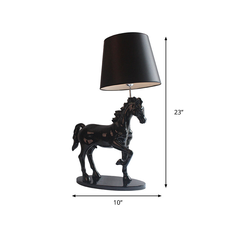 Black Steed Nightstand Light Retro Resin Single Bedside Table Lamp with Cone Fabric Shade