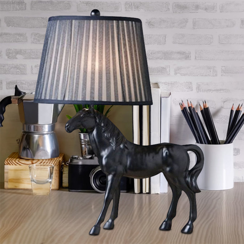 Steed Parlor Night Lamp Rustic Resin 1 Bulb Black Table Light with Gathered Fabric Lamp Shade