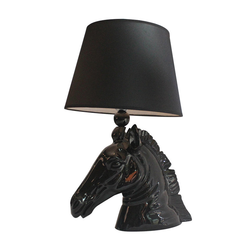 14"/18" Wide 1-Light Table Lamp Vintage Tapered Shade Fabric Night Light with Horse Head Base in Black