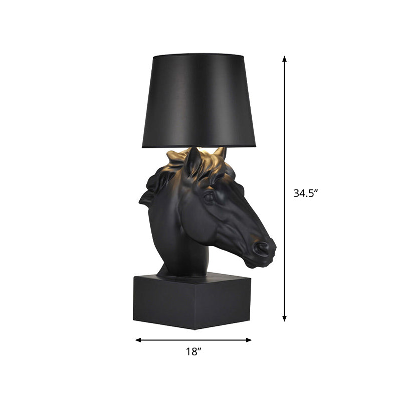 1 Bulb Fabric Table Lighting Country Style Black Tapering Parlor Night Lamp with Steed Head Base