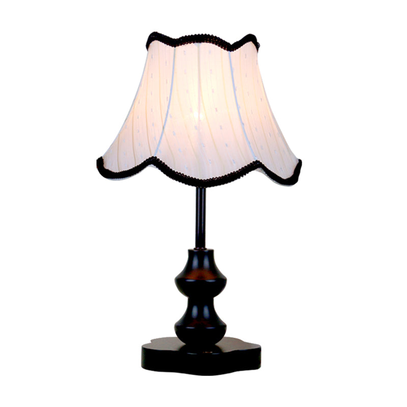 Traditional Flared Night Lamp 1 Head Fabric Nightstand Light with Braided Scalloped Trim in Black