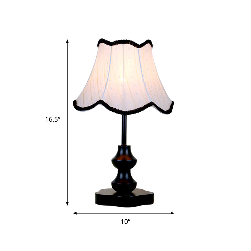 Traditional Flared Night Lamp 1 Head Fabric Nightstand Light with Braided Scalloped Trim in Black