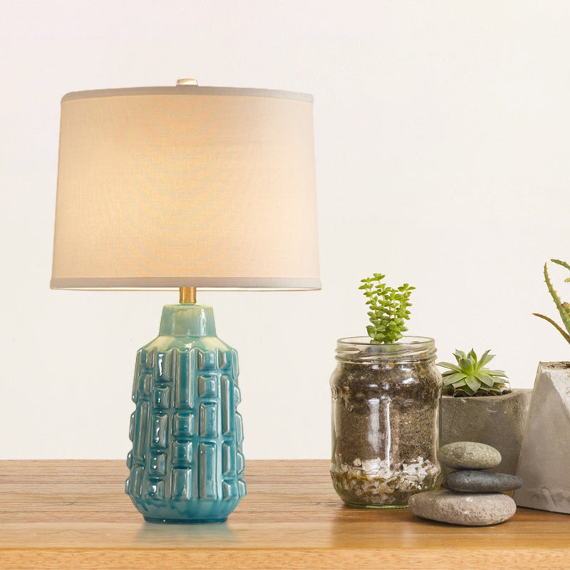 Fabric Scalloped Bell/Drum Table Lamp Vintage 1 Bulb Parlor Nightstand Light with Ceramic Pot Base in Blue