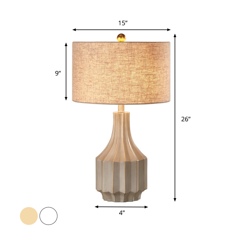 1-Light Fabric Table Lamp Lodge Beige/White Round Bedroom Nightstand Light with Pot Base