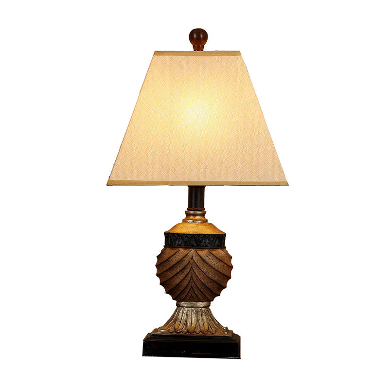 Retro Pinecone Ball Table Lamp 1 Head Resin Nightstand Light with Trapezoid Fabric Shade in Beige