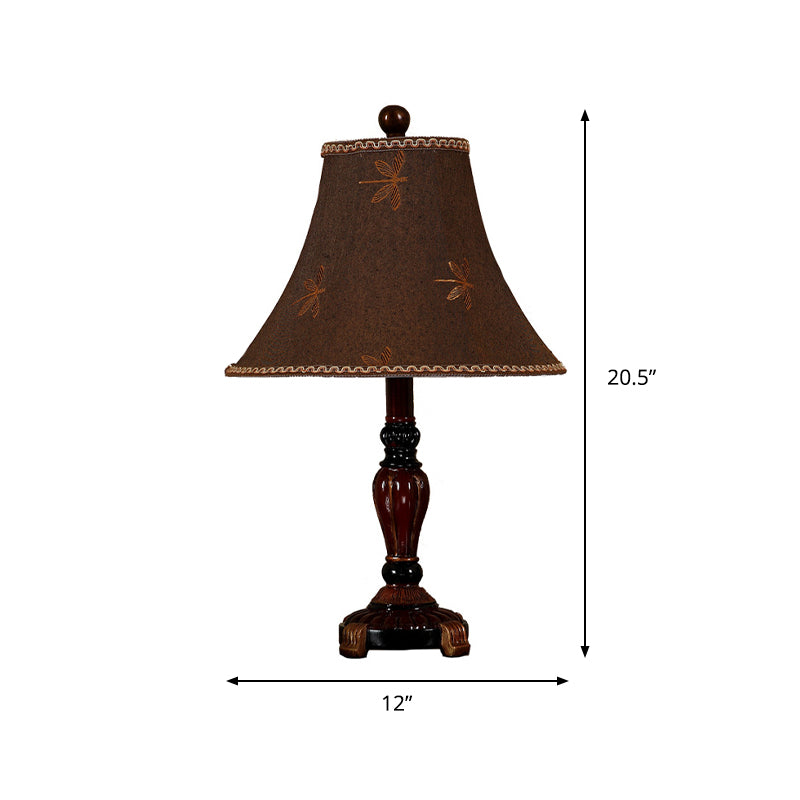 Brown 1 Bulb Table Lighting Traditional Fabric Flared Nightstand Lamp with Trim for Bedroom