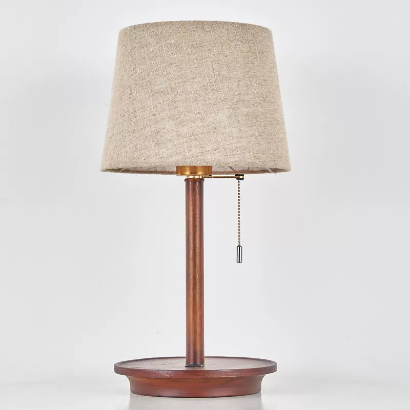 1-Light Bucket Pull Chain Night Lamp Rural Flaxen Fabric Table Light with USB Charging Port