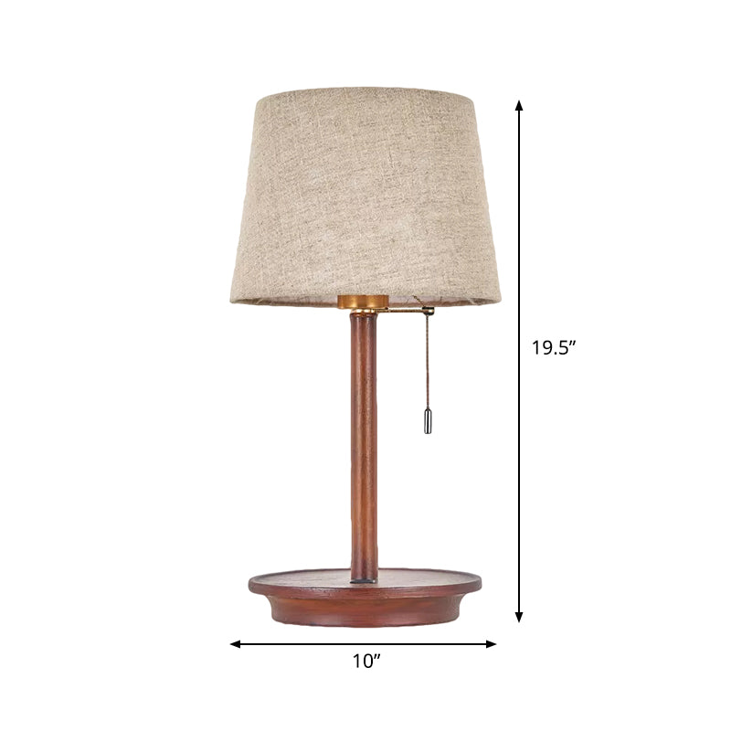 1-Light Bucket Pull Chain Night Lamp Rural Flaxen Fabric Table Light with USB Charging Port