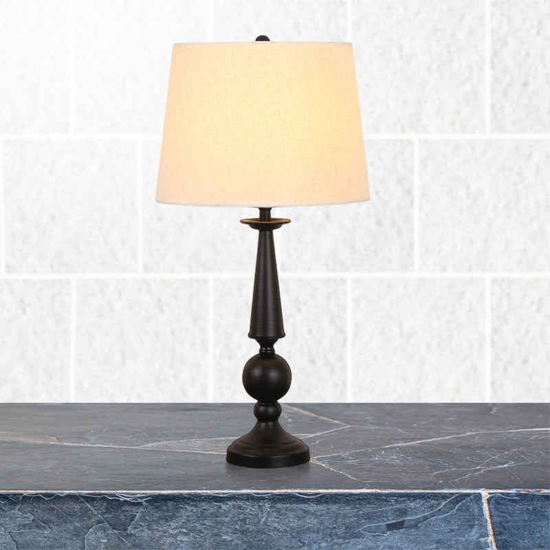 1 Bulb Tapered Drum Shade Night Lamp Rustic White Fabric Table Lighting with Column Pedestal