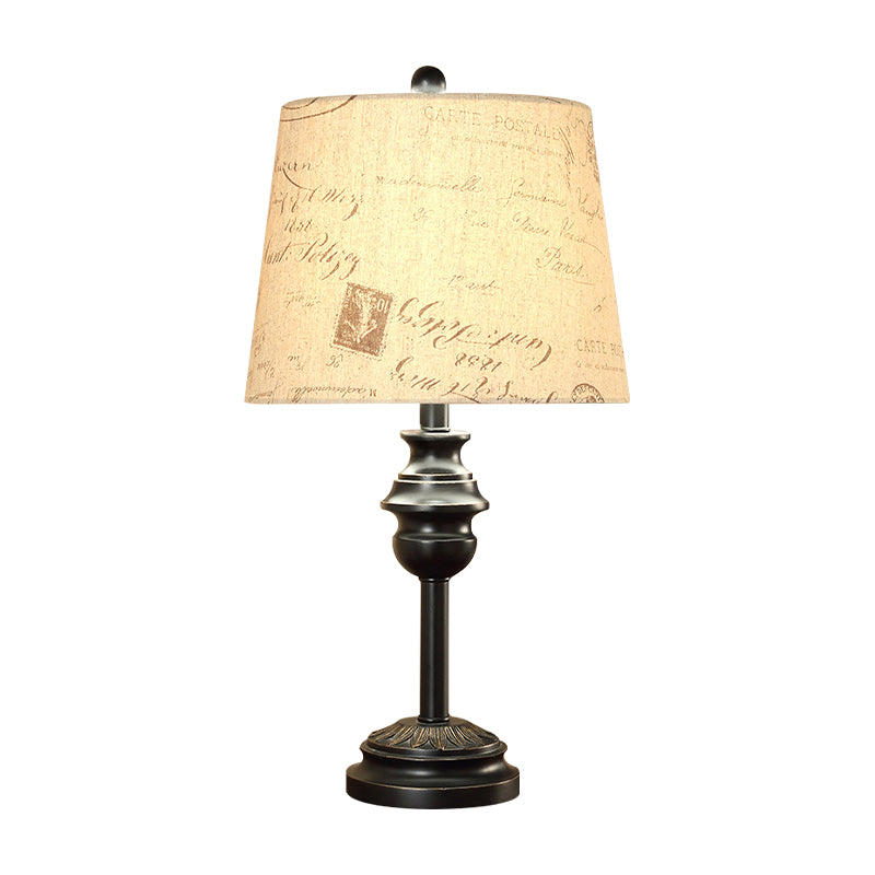 Single Bulb Night Light Rustic Tapered Drum Script Printed Fabric Table Lighting in Black