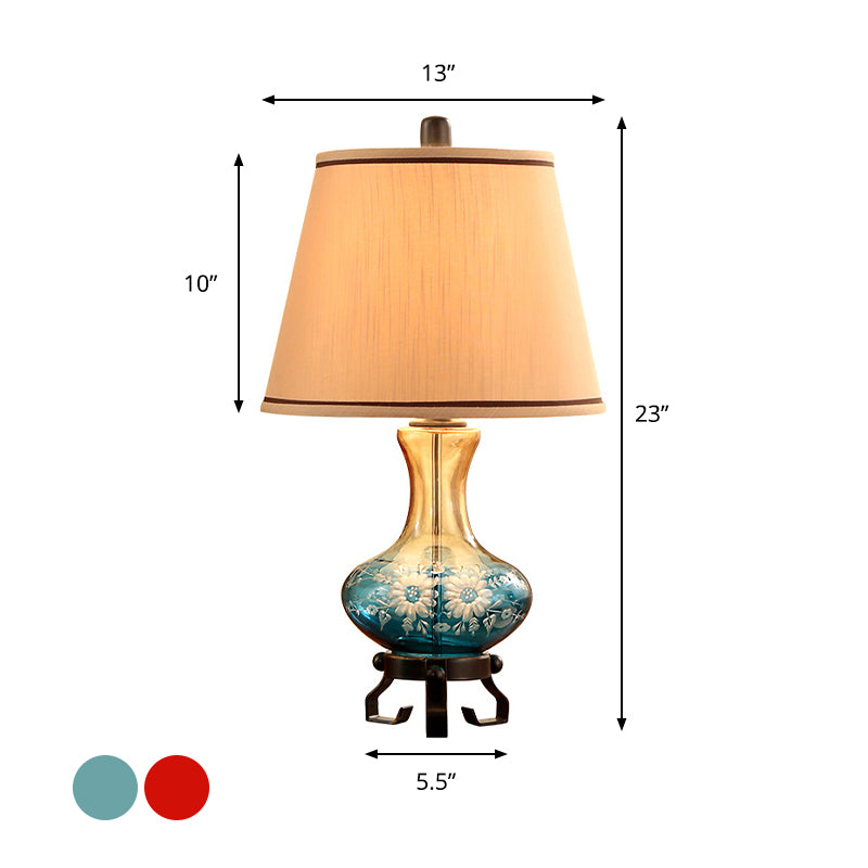 Ceramic Flower Patterned Vase Table Lamp Retro 1 Head Sitting Room Night Stand Light in Blue/Red with Cone Fabric Shade