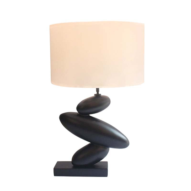 Single Straight Sided Shade Night Lamp Countryside White Fabric Table Lamp with Black Resin Cobble Base